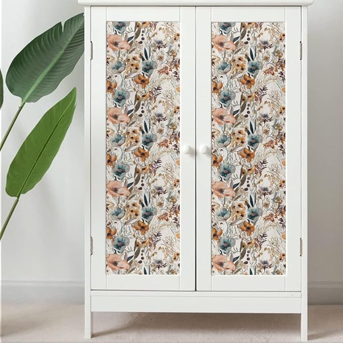 Boho Light Brown Flowers Teal Blue Floral Leaf Plants Vintage Watercolor Peel and Stick Wallpaper Self Adhesive Removable Easy Peel Off Stick on Wall Paper for Bedroom Cabinet Renter