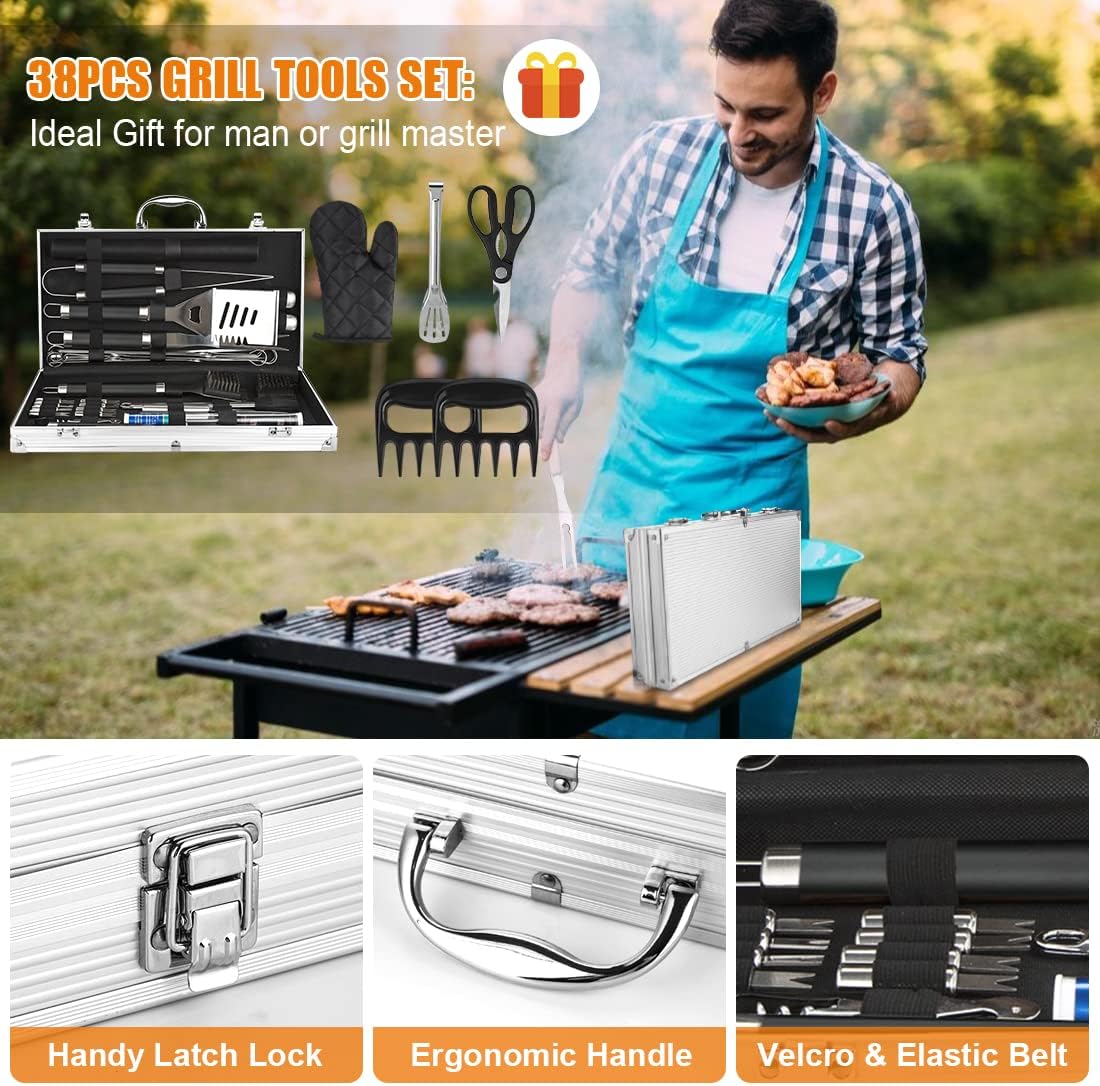 BBQ Grill Accessories Set, 38Pcs Stainless Steel Grill Tools Grilling Accessories with Aluminum Case, Thermometer, Grill Mats for Camping/Backyard Barbecue, Grill Utensils Set for Men Women