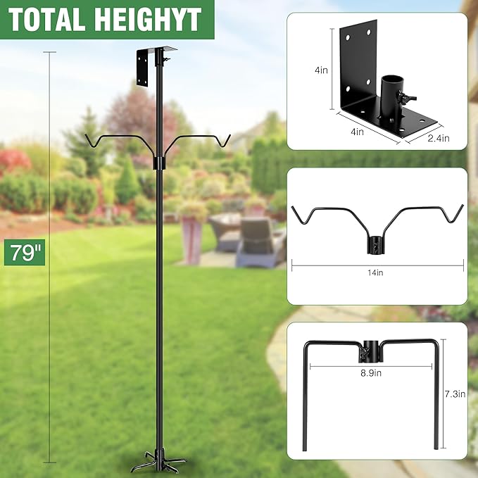 Bird Feeder Pole, 79 Inch Heavy Duty Bird House Pole Mount Kit for Outdoors, Adjustable Metal Bird Feeding Stand, with 2-Hooks, 5-Prong Base for Hanging Feeders, Black