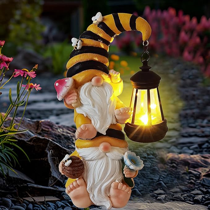 Garden Gnomes Outdoor Solar Bee Garden Gnomes with Led Lantern Outdoor Decor for Yard,Patio,Lawn,Gnome Gifts for Women,Mom,Gnomes Decorations for Yard