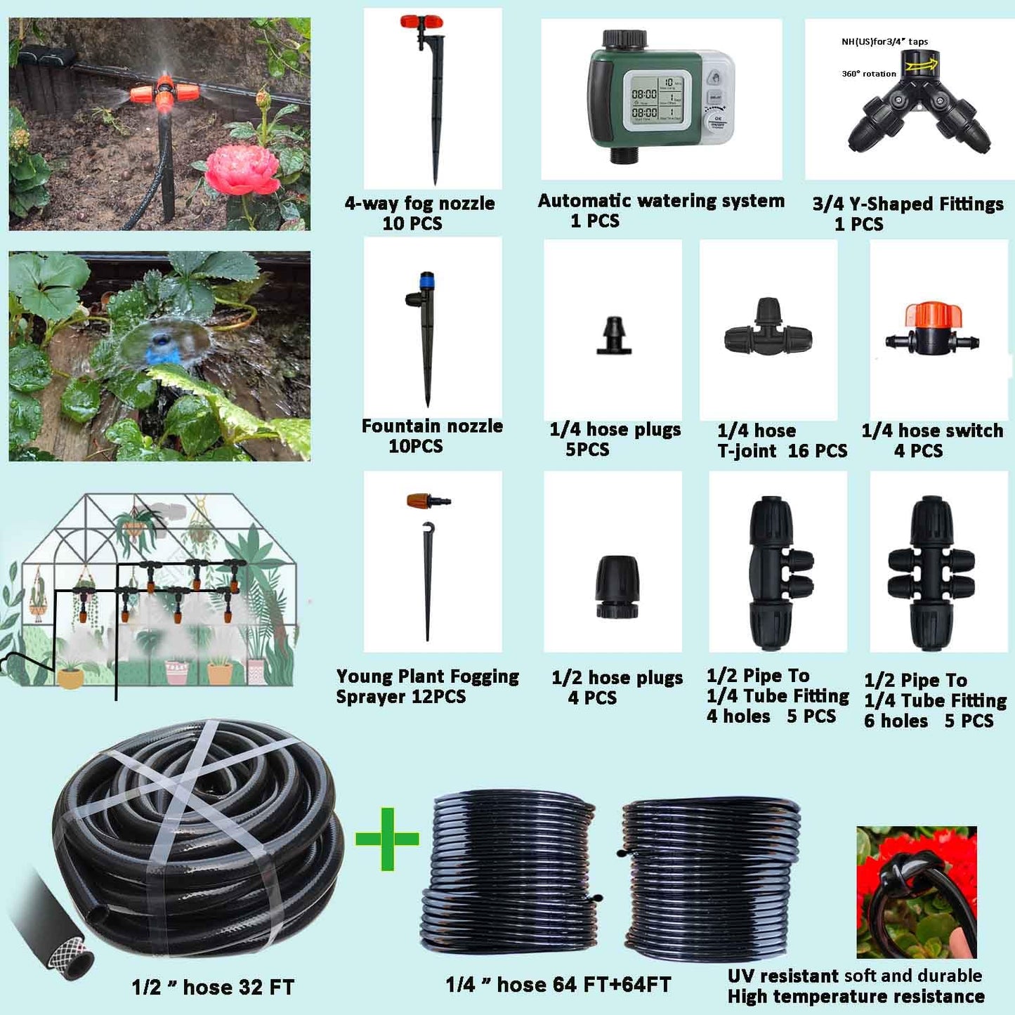 160Ft Drip Irrigation System with Water Timer for Garden, Main Water Hose ID 1/2inch 30Ft, 1/4in 130Ft, Sufficient Water Pressure, Irrigation Dripper Waterflow Evenly, Easy DIY Garden Watering System