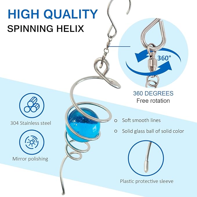 Gazing Ball Spiral Tail Wind Spinner,Decorative Wind Spinner 11inch Tail and 2 inch Glass Orb. Indoor Outdoor Wind Spinner Tail Sun Catcher Garden Decoration-13 inch Height(Blue)