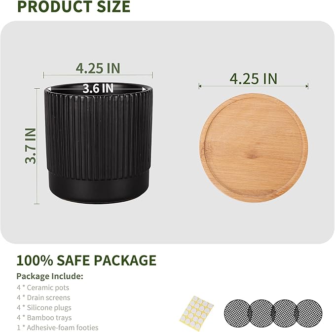 AOMRYOM 4.25 Inch Small Garden Ceramic Plant Pots with Drainage Holes and Tray, Modern Flower Planter Pots for Indoor Plants, Succulent, Cactus and Herbs, Black Stripe, Set of 4 (Plant Not Included)