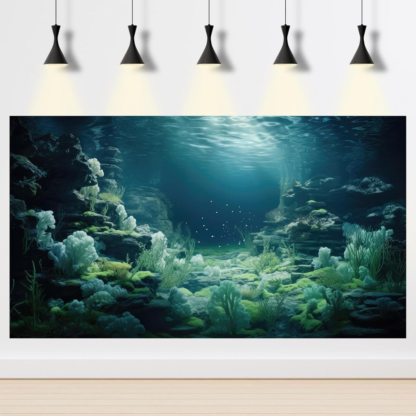 Aquarium Background Underwater Bioluminescent Life Coral Terrarium Backdrop White Coral Lush Moss Fish Tank Background Rock Sunlight Rays Tank Aquarium Wallpaper Poster Vinyl 72x16in
