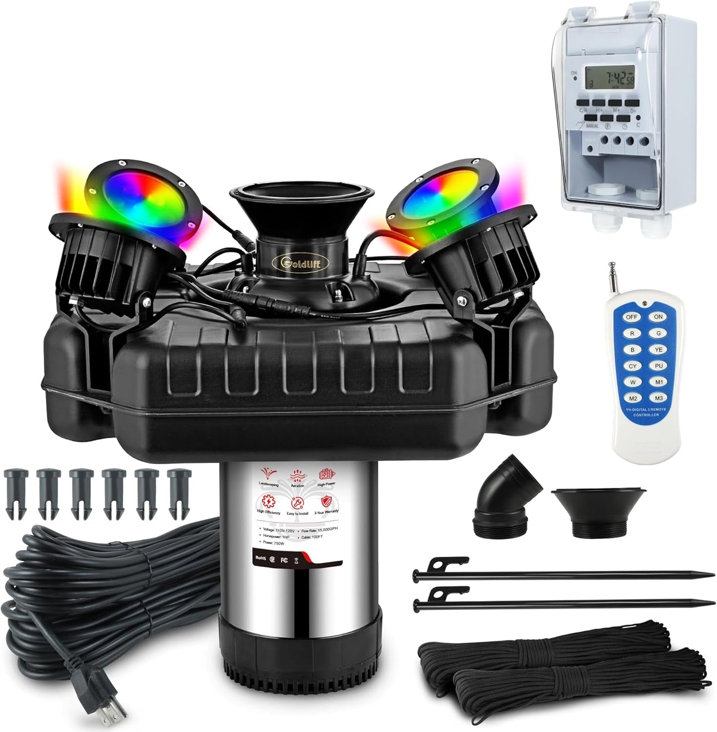 Goldlife Pond Fountain Aerator, F3 With 4 RGB Lights, 1HP 750W 110V Stainless Steel Floating Fountain With 100FT Power Cord, Octagon Aerating Fountain Pump for Small Large Pond Lake Pool Bay Fish farm