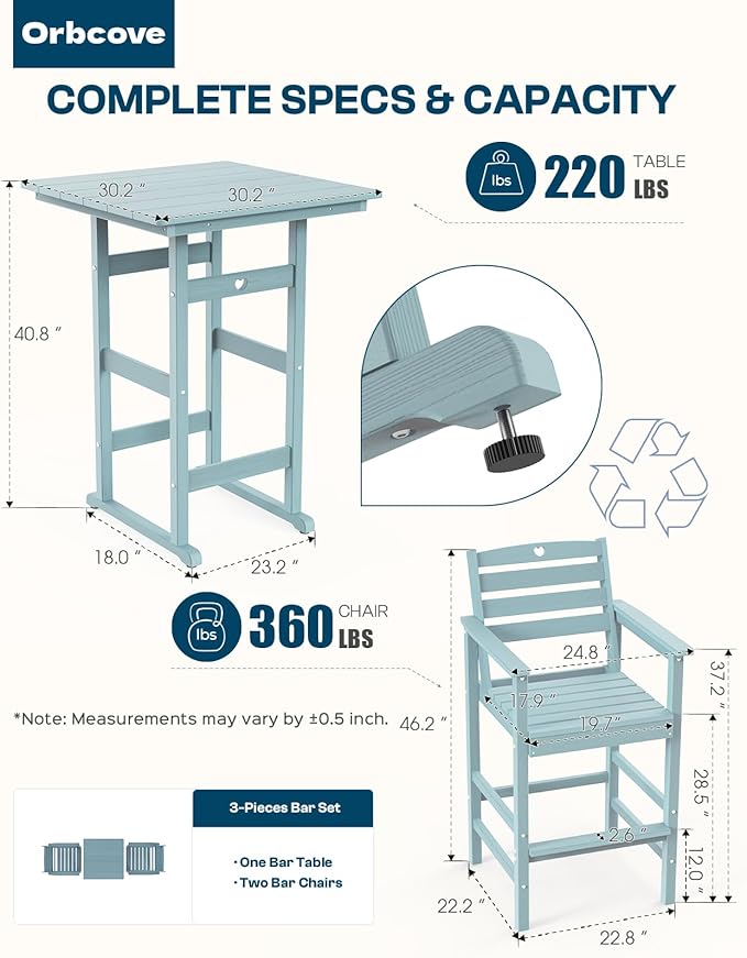 5-Piece Bar Height Outdoor Table and Chairs Set, HDPE Wood Grain Patio Bar Table and Chairs with Heart Cutout Design, Weather-Resistant Bar Height Furniture for Deck, Porch, Pool (Light Blue)