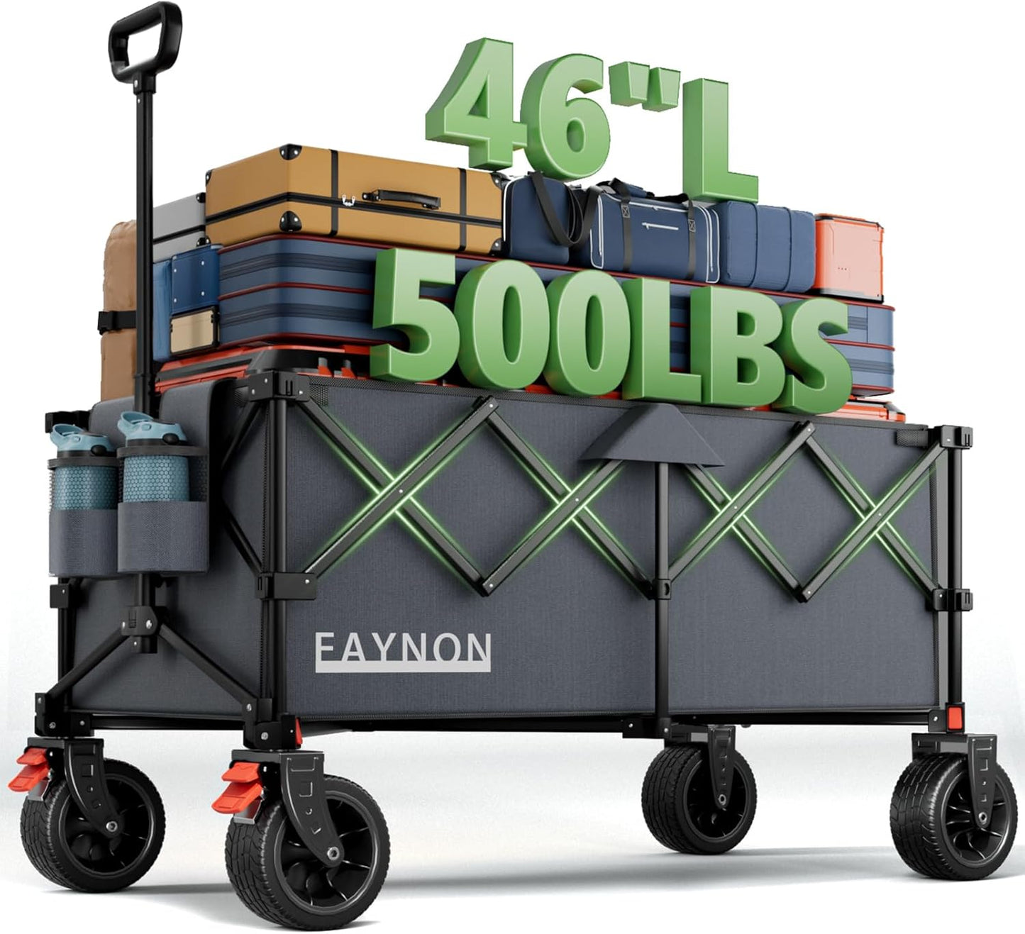 46" L Collapsible Foldable Extended Wagon, 500LB Weight Capacity with 280L Heavy Duty Folding Cart,Utility Wagon with All-Terrain Beach Wheel & Drink Holders,Gray