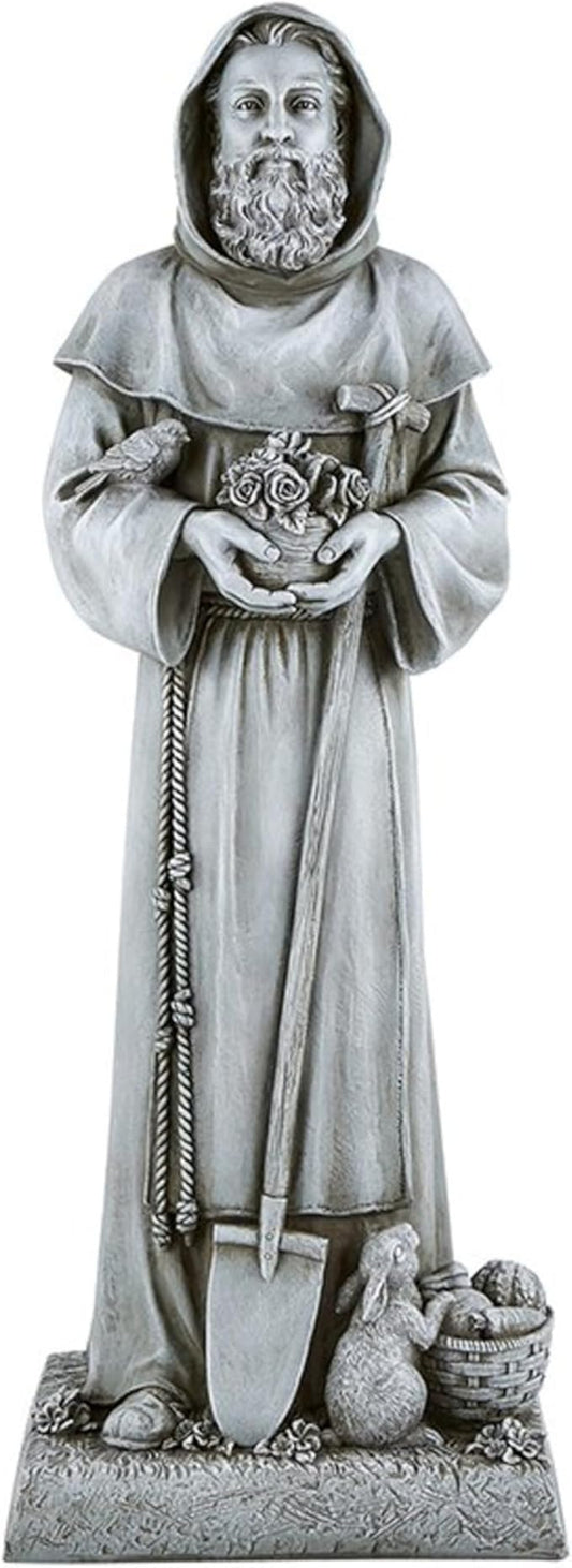 Garden Statue - Stone-Resin Saint Fiacre Indoor/Outdoor Catholic Sculpture, 24" Tall