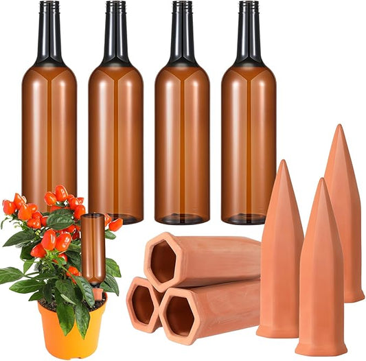 Baderke 8 Pcs 4 Set Plant Watering Devices, Terracotta Watering Spikes with 25 oz Plastic Wine Bottles, Slow Release Vacation Insert Automatic Plant Waterer Device for Indoor Outdoor