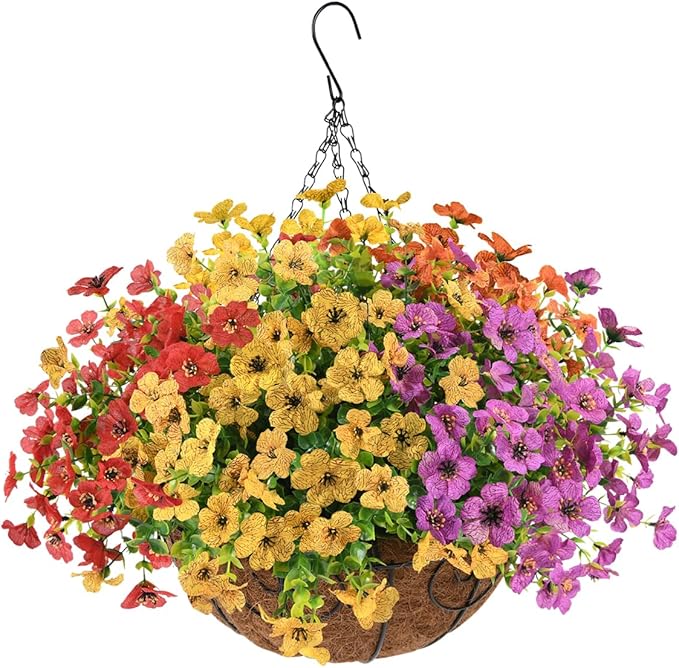 Artificial Faux Hanging Plants Flowers Basket for Spring Outdoor Decoration, Fake Silk Daisy in Planter Realistic UV Resistant Look Real for Porch Home Patio Balcony Yard(Multicolor)