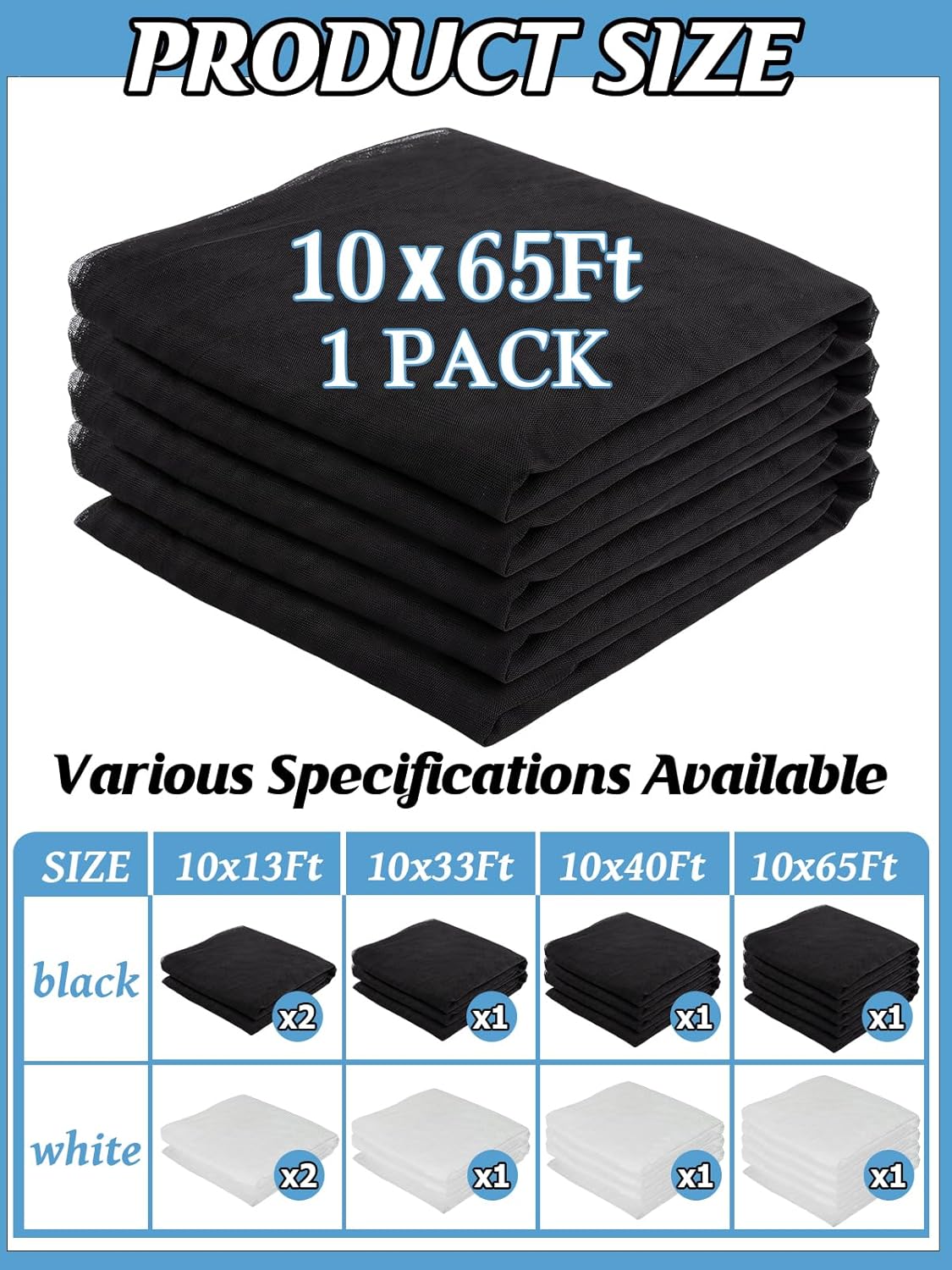 65x10ft Extra Large Mosquito Net, Mesh Netting for Garden Skin and Plants Protection, Patio Bird Bug Screen, Black