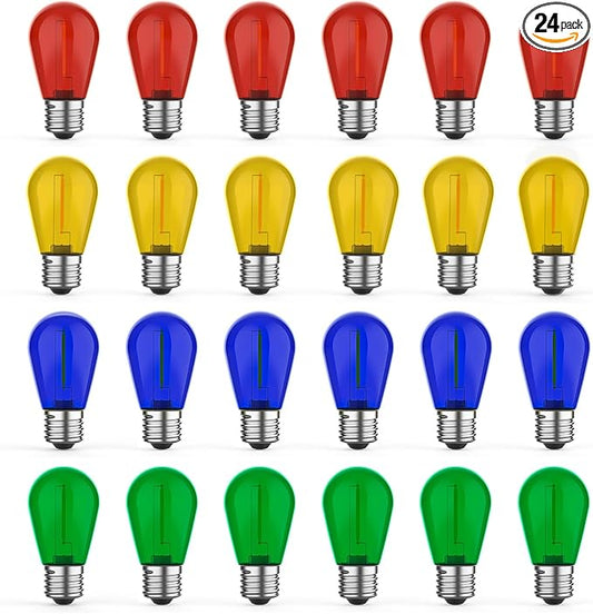 24 Pack LED S14 Colored Light Bulbs for Outdoor String Lights, Shatterproof 1W Replacement Bulbs for Patio Lights, Dimmable, 2200K Warm White, E26 Base, Multi-Color: Red/Blue/Yellow/Green