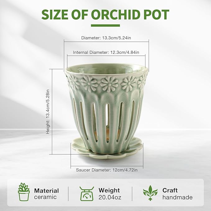 5" Ceramic Orchid Pots with Holes | Crackle Glazed Orchid Pot with Drainage and Separate Saucer | Ideal Plant Pot for Repotting Orchids and Other Flowers(Green)