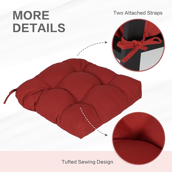 Aoodor 19" x 19" x 5" Tufted Outdoor Chair Cushions, Water Resistant & Fade Resistant Polyester Dining Chair Pads with 2 Straps for Patio Furniture, Set of 2