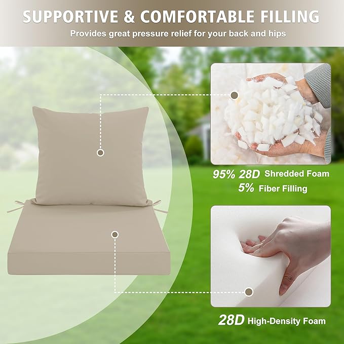 24x24 Inch Outdoor Cushions for Patio Furniture, Waterproof Outdoor Chair Cushions w/Fade-Resistant, Removable & Machine-Washable Covers, Deep Seat Sofa/Couch Pad Replacement – Set of 4, Cream