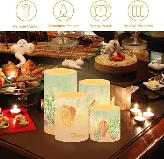 Beach Flameless Candles Battery Powered with Multicolor Timer Remote Control Everlasting Fake Candles for Coastal Marine Garden Indoor Outdoor Decor, Starfish Seashell Coral