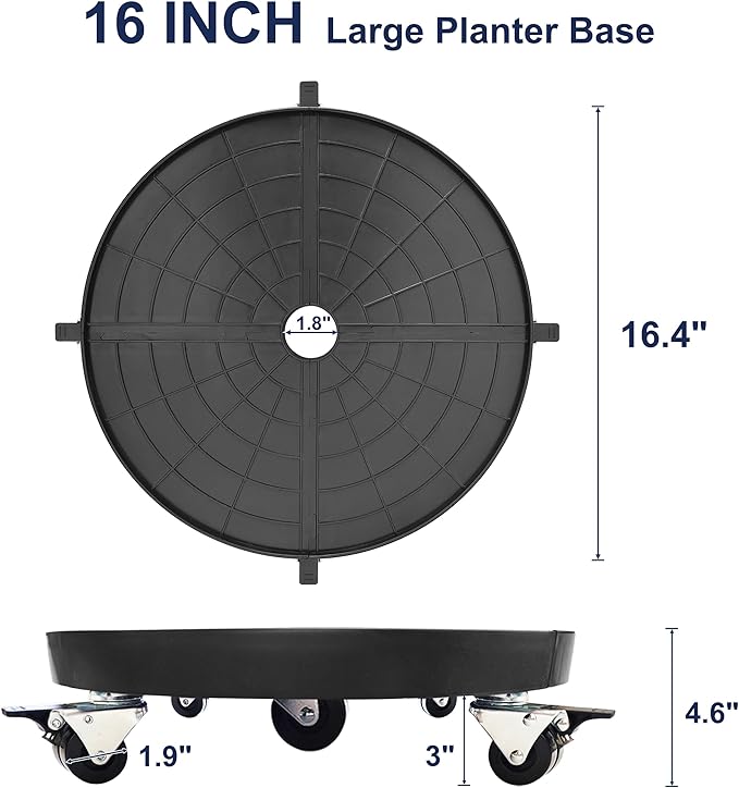 16 Inch Plant Caddy with Wheels Outdoor Indoor 2 Pack, Large Rolling Plant Stand for 500lb Heavy Duty Flower Pots, Round Plant Rollers Lockable Potted Planter Dolly, Black