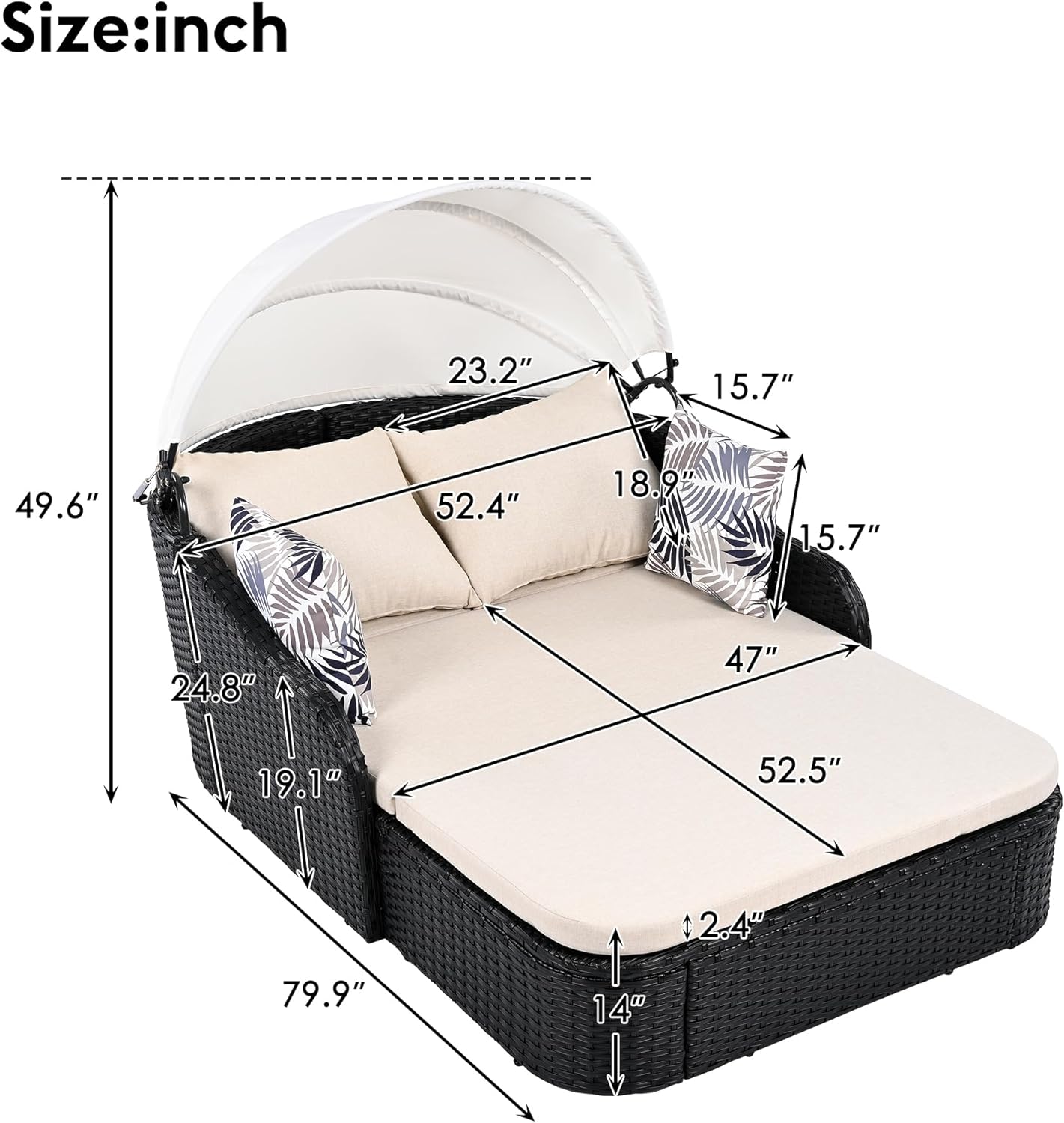 79.9" Outdoor Daybed with Retractable Canopy, PE Rattan Wicker Patio Daybed, 2-Seater Loveseat Lounge Bed Conversation Daybed, Black Wicker and Beige Cushion