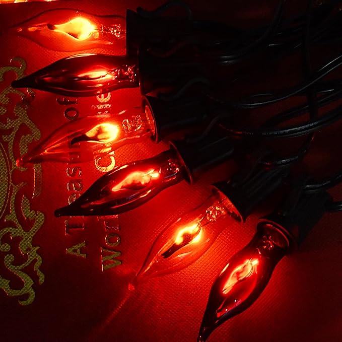27.78 FT Halloween Ligths, C7 Clear Orange and Purple Flickering Flame String Lights Outdoor, E12 Screw Base, Flame String Lights for Halloween Indoor Outdoor Roofline Garden Patio Party Decorations