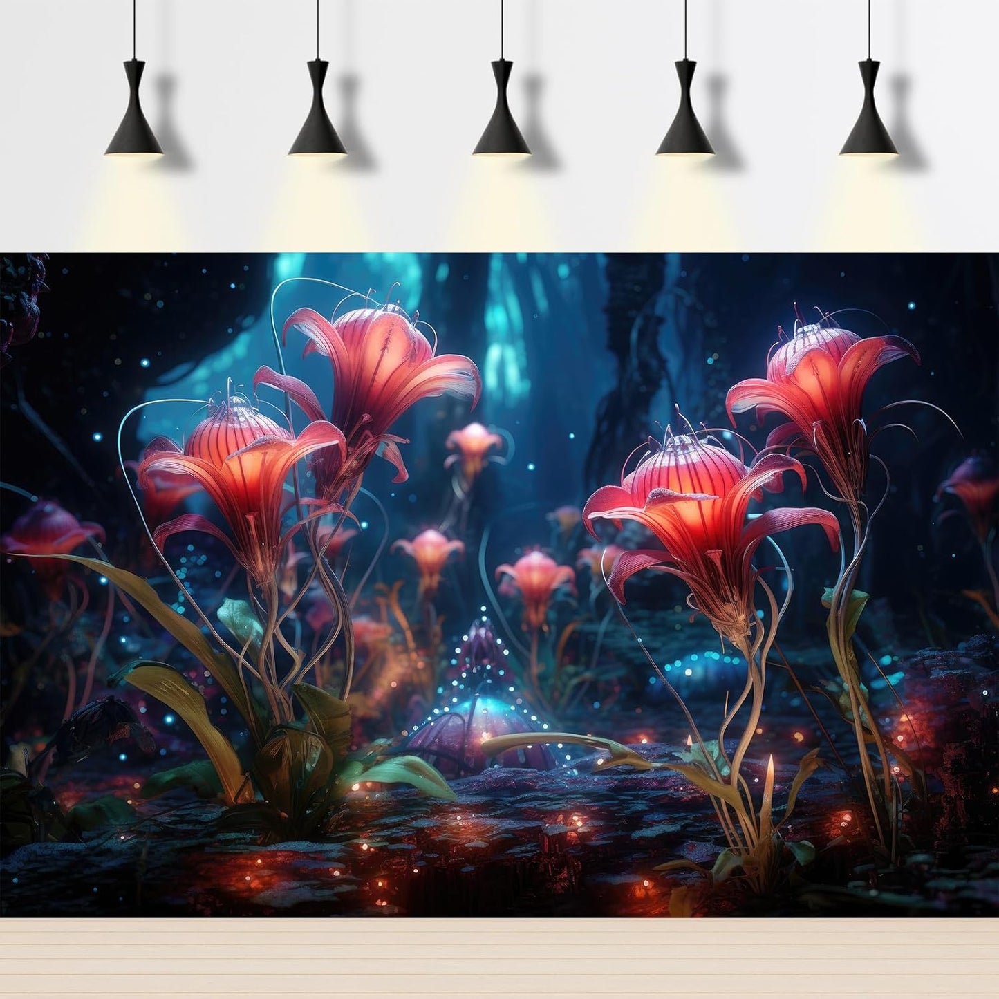 Aquarium Background Beautiful Red Translucent Flowers Terrarium Background Abstract Fantasy Plants Underwater World Tank Poster Glowing Flowers Foggy Forest Fish Tank Background Decors Vinyl 24x12in