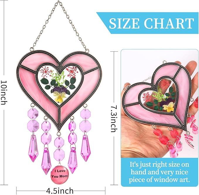 Gifts for Mom Suncatcher Heart Shaped I Love You Mom - Colored Glass Light Catcher Hanging Wind Chime Decorations Window Gifts Mother's Day Valentine's Day Birthday Christmas (Pink)