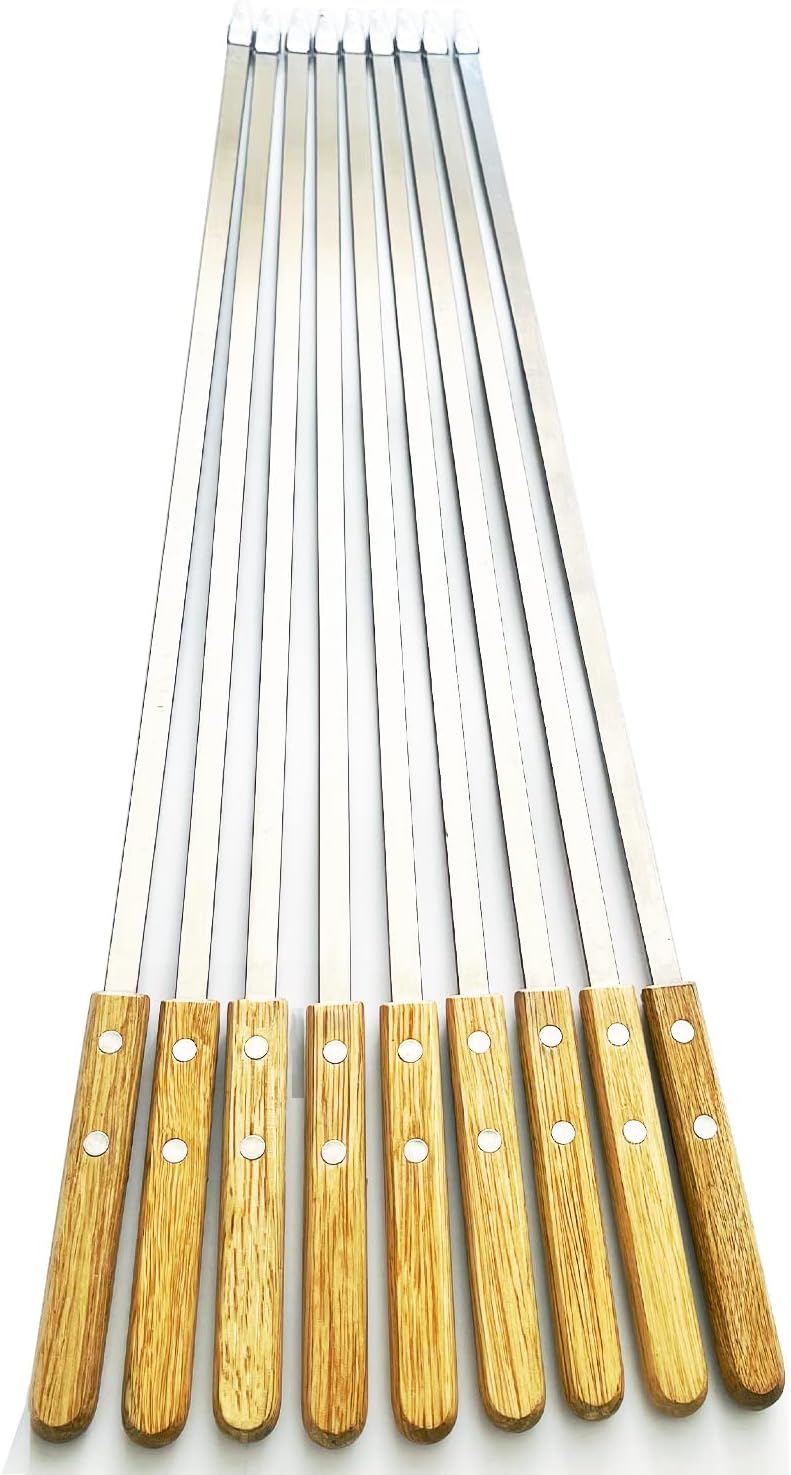 23.5 Inch Extra Long Large Kabob Skewers,12pcs Flat Wide Stainless Steel BBQ Skewer,Reusable Barbecue Stick for Grilling,Metal Heavy Duty Thick Kebab with Wooden Handle with Bag.