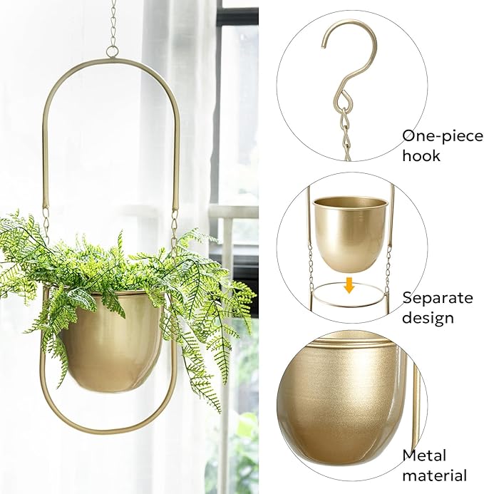 AceList Boho Hanging Planter for Indoor Plants - Set of 2 Gold Metal Wall Planter 5.7Inch with Hooks and Chins, Plant Hanger Decor for Window and Patio - Suitable for Hanging Plants Decor