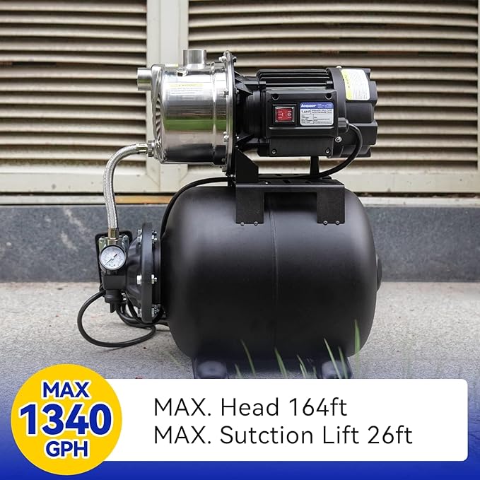 Acquaer 1.6 HP Shallow Well Pump with Pressure Tank, Stainless Steel, 1320 GPH 115V Irrigation, Automatic Water Booster Jet Pump for Home, Garden, Lawn