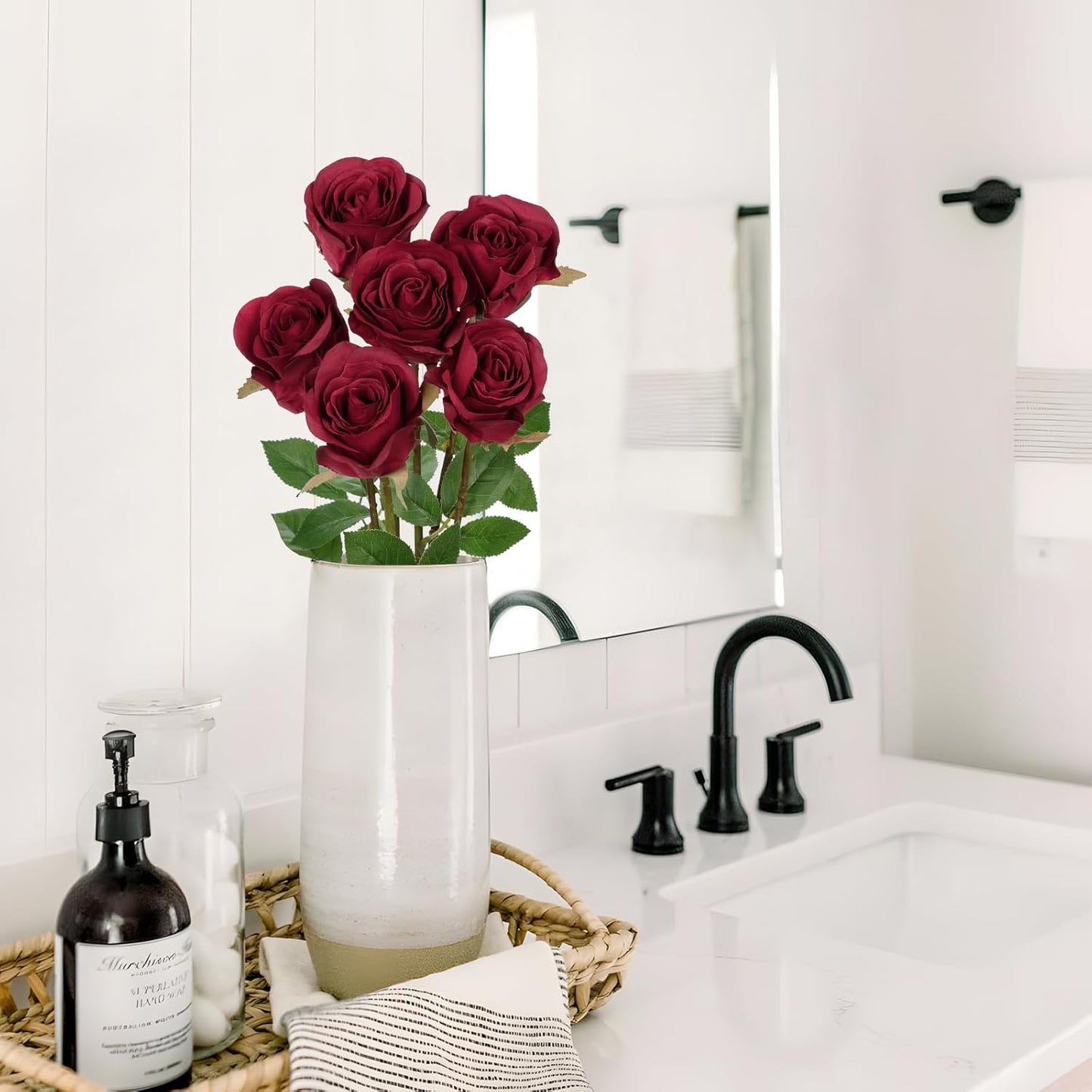 Briful Roses Artificial Flowers– 6PCS 18.9" Burgundy Rose Silk Flowers with Long Stems Realistic Fake Rose Bouquet for DIY Wedding Arrangements Table Vase Centerpieces Home Event Decor