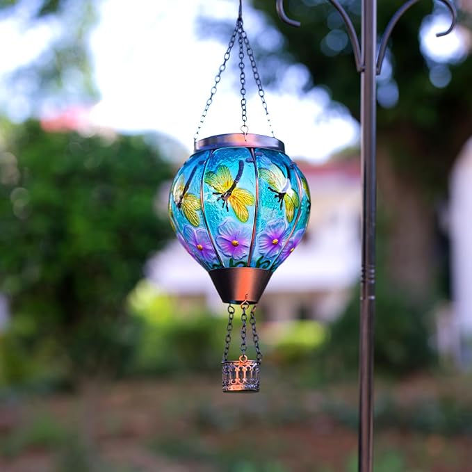 2 Pack Dragonfly Hot Air Balloon Solar Lantern Outdoor Waterproof, Glass Balloon Lanterns for Outside, Decorative Hanging Solar Lights Patio Garden Yard Gift for Women Moms