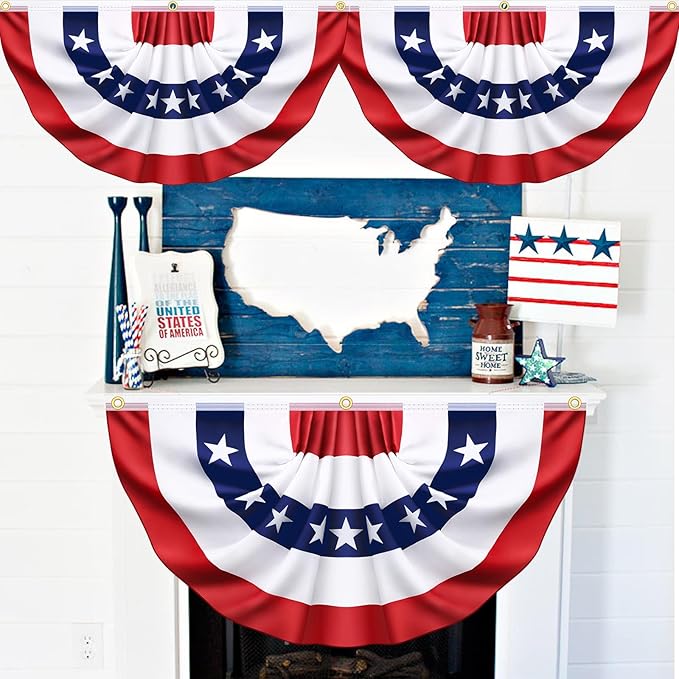4 Pack USA Pleated Bunting Fan Flags, 1.5x3 Ft Patriotic Half Fan Banner American Flag Decoration Bunting for Outside Red White and Blue Decor Independence Day Memorial Day 4th of july Decorations