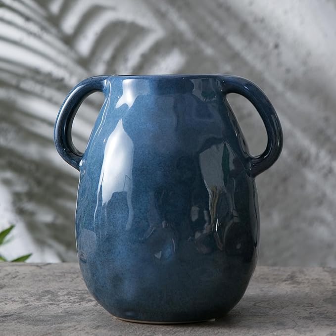 Blue Ceramic Vase with 2 Handles - Modern Farmhouse Rustic Terracotta Decorative Clay Boho Vase for Pampas Grass and Home Decor