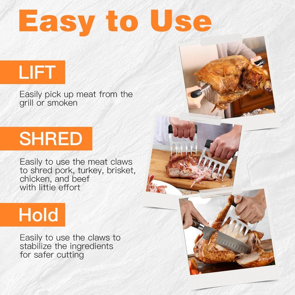 2 PCS Meat Shredder Claws, Stainless Steel Meat Claws, Metal Pulled Pork with Handle Turkey Pork Chicken Shredder Tool Accessories for Men Cooking Grilling BBQ Serving