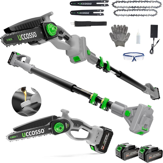 3-in-1 Electric Pole Saws for Tree Trimming 6&8" Mini Chainsaw Cordless with Extension Pole, 850W Brushless Motor,Auto Oiling,Total Reach of Max 15ft, Pole Saw for Home & Garden & DIY