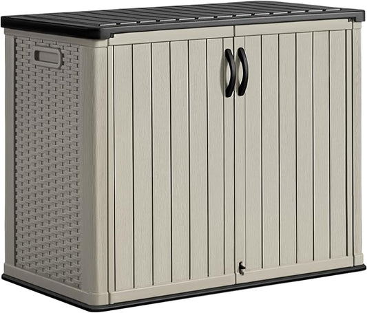 Greesum Outdoor Horizontal Storage Sheds 27 Cu.ft Resin Large Storaged Box Weather Resistance, Without Shelf, Easy to Assemble, Prefect for Garden, Patios, Backyards, Beige