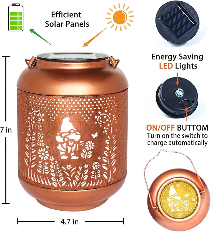 Gnomes Solar Lanterns Outdoor Waterproof Hanging Solar Lights Gnomes Gifts for Women Men Mom Metal Decorative LED Outdoor Lanterns for Patio, Lawn, Landscape, Garden Decor, Yard Decorations