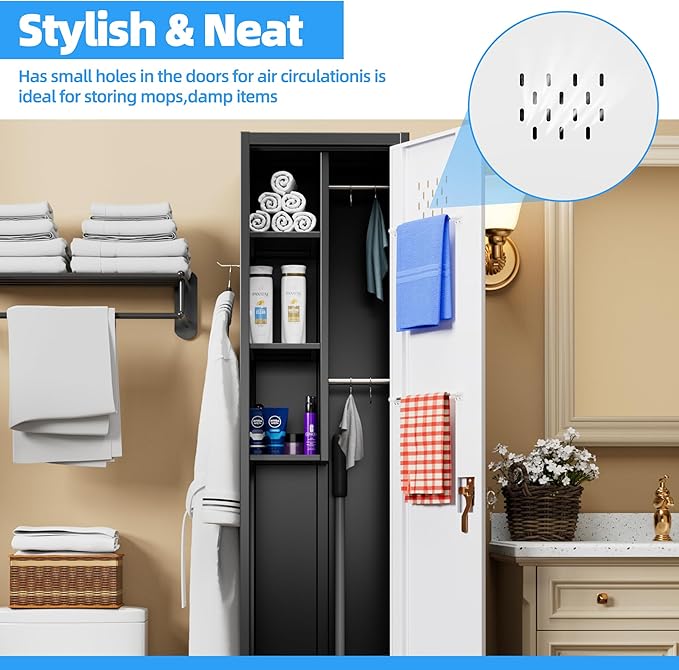 72''H Metal Broom Closet Storage Cabinet with Wheels & Pegboards, Mops Broom Closet Organizer with Locking Door & Hanging Rod,Cleaning Tool Garage Cabinet,Assembly Required,Black White