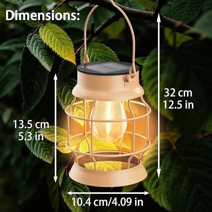 2 Pack Solar Outdoor Lights Metal Hanging Solar for Outside Lights Outdoor Waterproof Retro Design with Edison Bulb Decorative for Patio Porch Fence Garden Lawn