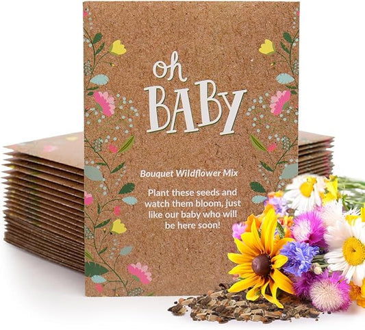 BENTLEY SEED CO. Oh Baby Flower Seeds Packets - Girl/Boy Baby Shower Favors - Pre-Filled, 25 Wildflower Seed Packs for Favor - Eco-Friendly Gift & Babys Guest Giveaways - Non-GMO Seeds - Brown Envelop