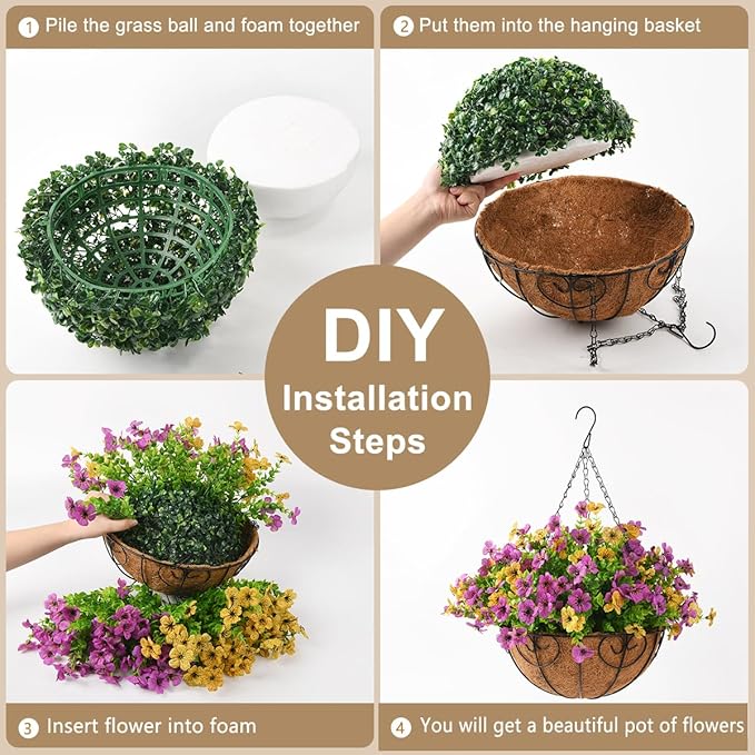 Artificial Faux Hanging Plants Flowers Basket for Spring Outdoor Decoration, Fake Silk Daisy in Planter Realistic UV Resistant Look Real for Porch Home Patio Balcony Yard(Purple Yellow)