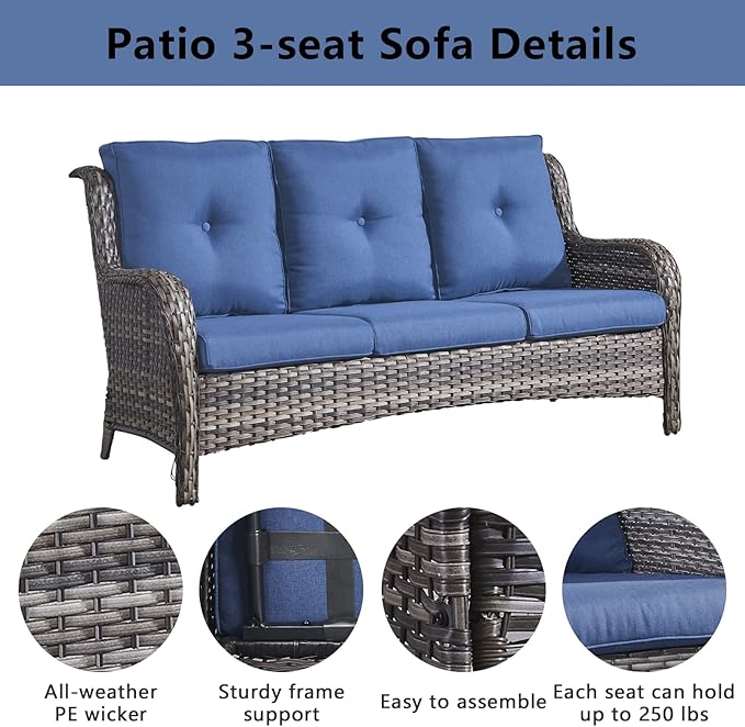 5 Piece Outdoor Patio Furniture Set - Wicker Furniture Patio Conversation Set, Outdoor Swivel Rocker Chairs with 3-Seater Sofa and 2 Ottomans for Small Space, Blue Cushion