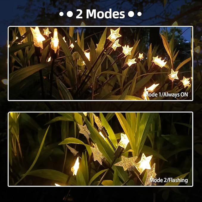 2 Pack Star Solar Firefly Lights, Outdoor Waterproof Garden Lights,Decorative Lights, Flexibility Swaying Lights for Pathway Yard Walkway Patio Decoration, Warm White