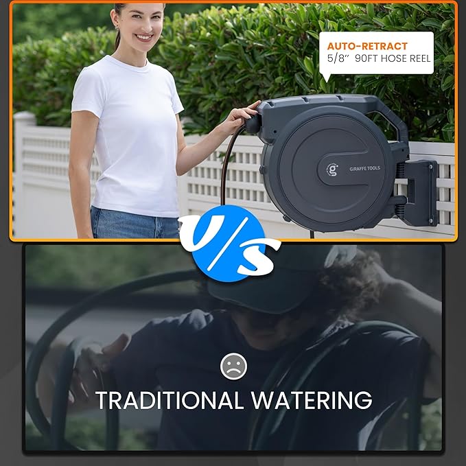 Giraffe Tools Retractable Garden Hose Reel 5/8 inch x 90 ft Hose Reels for Outside, Wall Mounted Water Hose Reel with 180 Deg Swivel Bracket, Any Length Lock, 9 Pattern Hose Nozzle