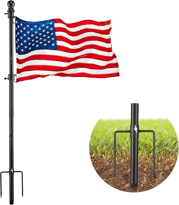 Black Flag Poles for Outside in Ground - 8.3ft Flag Pole for House with 2 Pronges Base - Stainless Steel Flag Pole Kit with 3x5FT American Flag for Yard Residential Commercial
