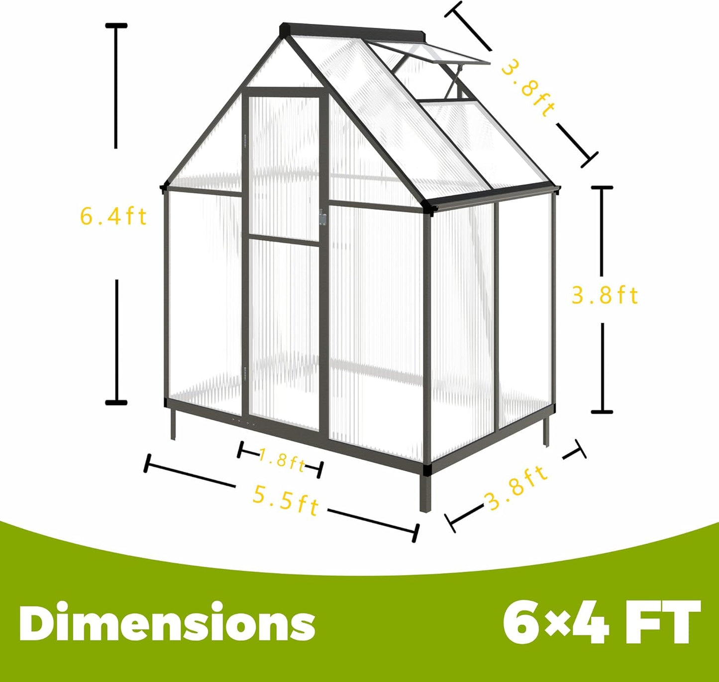 6 x 4 FT Greenhouse for Outdoors,Aluminum Large Walk-in Greenhouse,Dark Gray