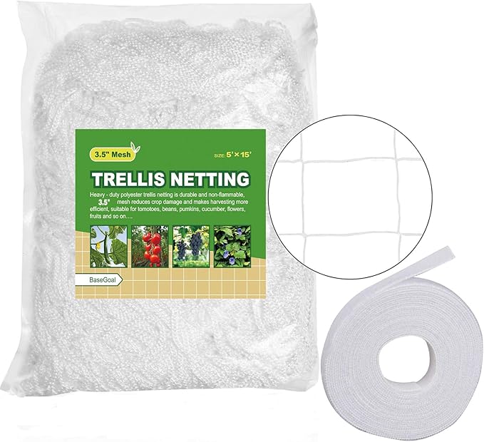 All-Weather Trellis Netting Mesh Plant Garden Vine Growing Flexible String Net (3.5" Mesh ployester, 5' Wx 15'L)