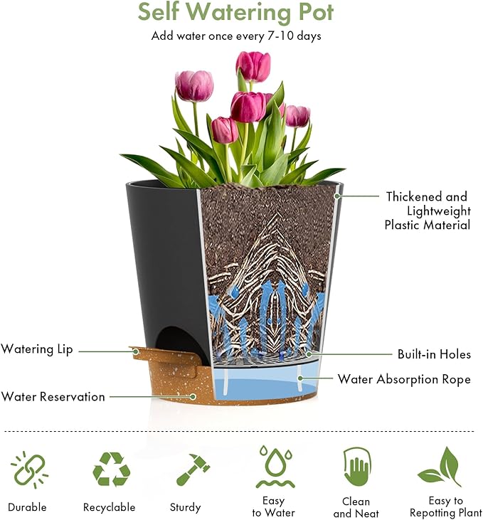 7/6.5/6/5.5/5/4 inch Self Watering Pots for Indoor Outdoor Plants, 6 Pack Plastic Flower Planters with Drainage Holes and Removable Saucers, Plant Pots with Wicking Rope, Black Brown