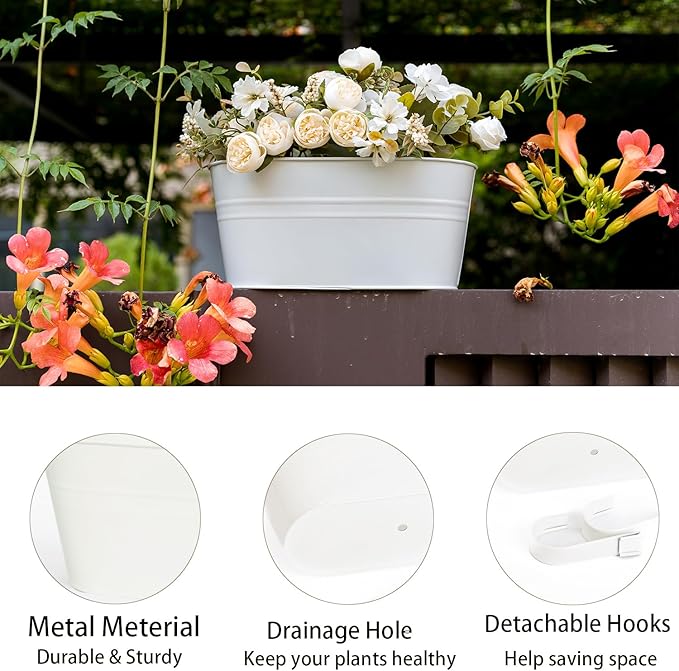 5 Pack Metal Hanging Flower Pots for Railing Fence，Outdoor Balcony Rail Planter with Garden Tools Detachable Hooks Drainage Holes for Deck Garden Home Decor White