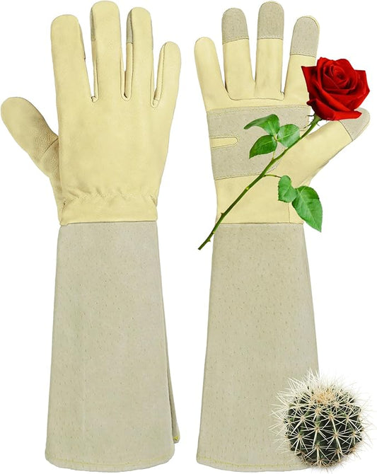 HANDLANDY Rose Pruning Gardening Gloves for Men Women, Thorn Proof Forearm Protection Leather Garden Gloves, Gardening Gifts for Gardeners (Beige- goatskin, Large (Pack of 1))