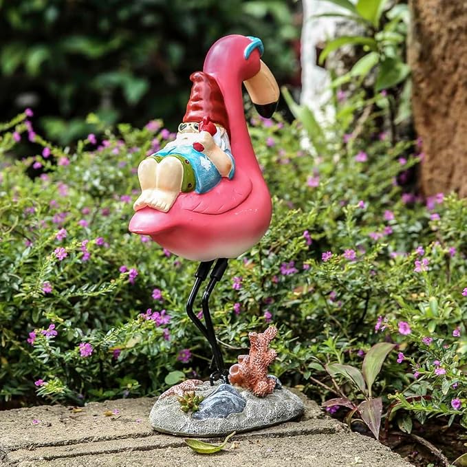 Gnome Garden Statue Funny Gnome Reclining on Flamingo Dwarf Figurines Resin Garden Gnomes Fall Decorations Outdoor for Patio Yard Lawn Porch Housewarming Ornament Gift